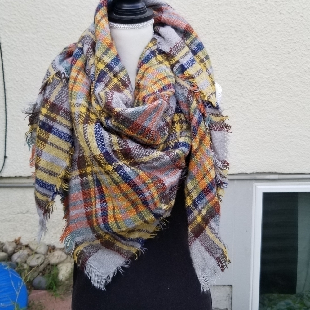 plaid blanket scarf light gray with brown yellow orange green blue